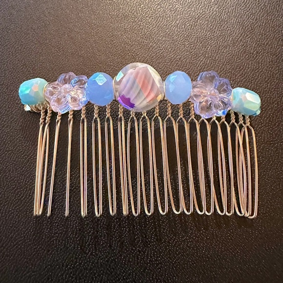 Hand Crafted Accessories - Handmade Beaded Light Blue & Aqua Flower Glass & Crystal Gold Hair Comb
